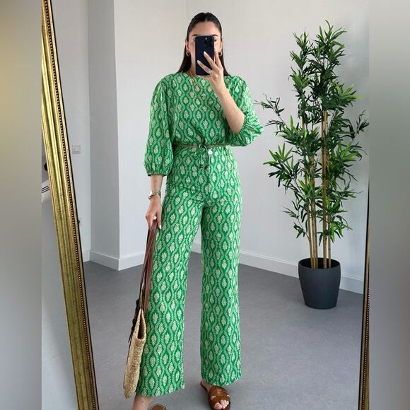 Zara blogger favorite green printed cotton top with waist tie - Picture 4 of 8